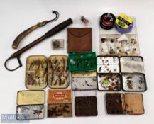 Mallochs black japanned Fly Box with over 38 salmon and sea trout flies in several sizes; Haynes