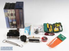 A mixed lot of Fishing Accessories - Hardy hook stone; 2x Penknives; Salter scales 15lbs; engineers'