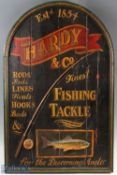 Large Wooden Painted Fishing Sign - Hardy & Co Finest Tackle, with wooden fish reel and rod in