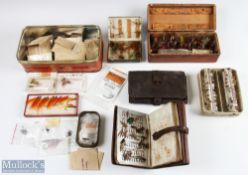 Selection of Hooks and Flies in 6 boxes - 1x card box 10 salmon flies; 1x wood box with tube