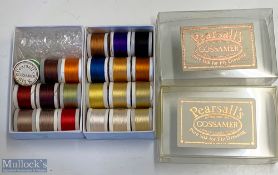 Spools of Pearsall's Gossamer fly dressing silks and copy of colour chart varying colours