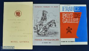 Very rare France and Wales trio of menus (3): From 1961, 1965 and 1969, a trio of menus from the