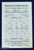 1945/46 Bristol City v Swansea Town League South 5 January 1946 single sheet programme; slight