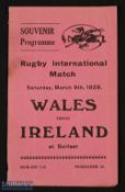 1929 'Pirate' Rugby Programme Ireland v Wales: Pink 4pp card, folded & stapled, 'Souvenir' pirate