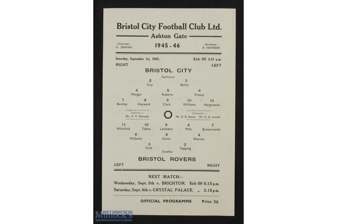 1945/46 Bristol City v Bristol Rovers Div. 3 South League match programme (1st home) 1 September