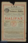 1928 Railway travel handbill for Swinton v Halifax rugby league cup 2nd round: Special half day
