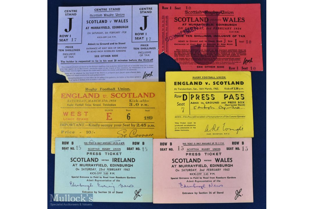 1934-1963 Scottish Rugby Ticket Selection (6): Scarce included, with bold card stand tickets for