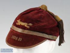 1938-39 Leicestershire Rugby Honours Cap: Maroon velvet cap with gold tassel & braid, running fox
