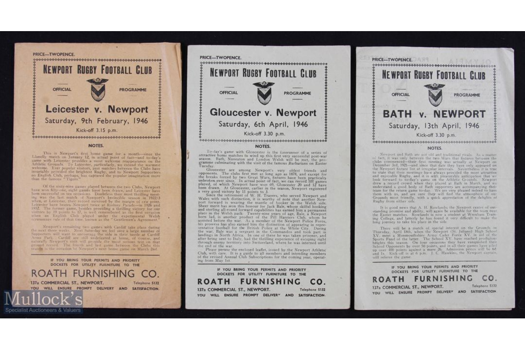 1945-6 Newport Rugby Programmes (3): Newport 4pp post-war homes v Leicester, Gloucester and Bath,