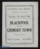 1945/46 Football League North Blackpool v Grimsby Town 13 April 1946, 4 pager, fair condition.