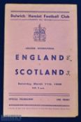 Pre-war 1939 England v Scotland amateur international match programme 11 March 1939 at Dulwich