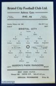 1945/46 Bristol City v Queens Park Rangers league south 2 February 1946, single sheet programme;