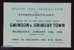 1937/38 Match ticket Swindon Town v Grimsby Town FAC replay 12 January 1938, (admit holder to