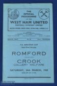 1948/49 FA Amateur Cup semi/final replay match programme Romford v Crook Colliery Welfare 26 March