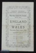 1925 England v Wales schools international match programme 16 April 1925 at West Ham Utd, 4 pager;