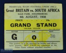 Very Rare 1938 British & I Lions v S Africa Rugby Ticket: Yellow Grandstand ticket for Ellis Park.