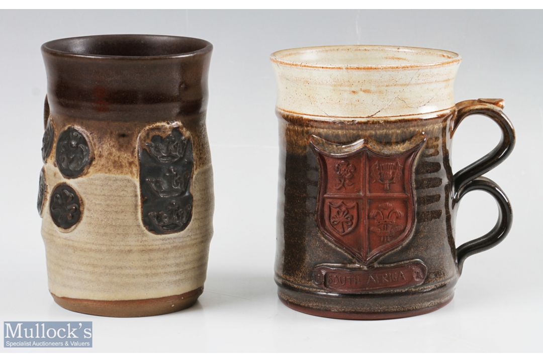 1971/74 Pair of Lions & Wales Rugby Pottery Mugs (2): Splendid large specially commissioned brown/