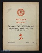 1937 England v Ireland schools international match programme 8 May 1937 at Ayresome Park,