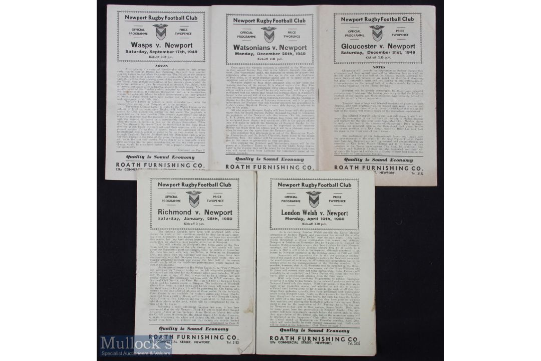 1949-50 Newport Rugby Programmes (5): Rodney Parade issues v Wasps, Watsonians, Gloucester, Richmond