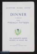 1964 Scotland v France Signed Rugby Dinner Menu: Signed by Stuart Wilson, Pringle Fisher & David