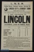 1925 Railway handbill L.N.E.R. Lincoln City v Grimsby Town Div. 3 (N) fast excursion on Saturday