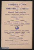 1944/45 War League North Grimsby Town v Sheffield Utd programme, 10 February 1945, single sheet,