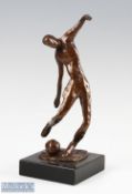 Bronze Abstract Footballer Sculpture showing stylised figure about to kick ball, with indistinct