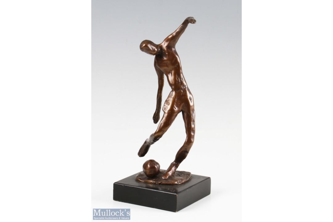 Bronze Abstract Footballer Sculpture showing stylised figure about to kick ball, with indistinct - Image 1 of 2