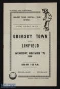 Scarce floodlit friendly match programme Grimsby Town v Linfield 17 November 1954 at Blundell