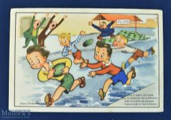Rare Spanish Rugby Postcard: Depicting 'cartoon' lads stealing a melon and using as a rugby ball. VG