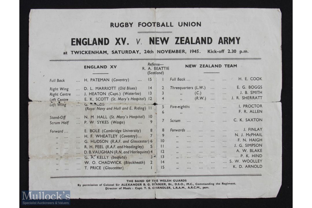 1945 England v Kiwis (NZ Army) Rugby Programme: The famous Twickenham double sided paper sheet for