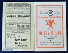 Wales full international match programmes 1946 v Ireland at Cardiff 4 May 1946, 1950 v Ireland at