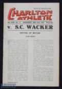 1950-51 Charlton Athletic v S C Wacker Football Programme 16th May 1951 festival of Britain