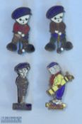 4x Original Enamel Golfing Pin Badges inc Penfold Man by H W Miller, small solder repair to rear,