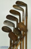 9x various irons - to incl 7x niblicks - makers R W Baker Own Model, Fred Saunders Highgate Wonder