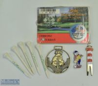 Assorted Golfing Collectables Dunlop caddie enamel pin badge, brass finished metal Carnoustie Golf
