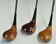 3x Scarce Harry Busson persimmon woods featuring 1, 3 and 5 woods, dark and light stained
