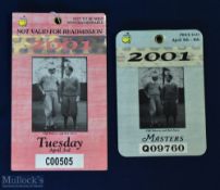 2001 US Masters Golf Tournament Badge and Practice Day ticket for 3rd April (2) won by Tiger Woods