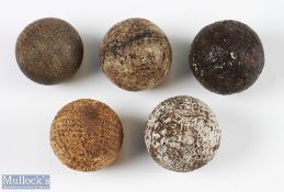5x Various Size Moulded Mesh Pattern Gutta Percha Golf Balls - one retaining some of the original