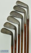 6x Auchterlonie St Andrews Assorted Irons incl mashie niblick with Tom Stewart pipemark, mashie with