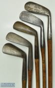 5x assorted irons - Tom Stewart no.2 iron, Gibson round back Pixie Sammy, Forgan Crown mark round