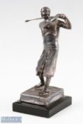 Bobby Jones Style Silver plated Golfing Figure with rectangular naturalistic base on black wooden