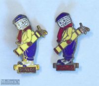 2x Original Dunlop Caddie Enamel Pin Badges both by Cashmore & Co, Birmingham one in chrome / silver