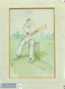 Cricket Batsman in Motion Pencil Drawing with colour wash signed Tim, framed and mounted under glass