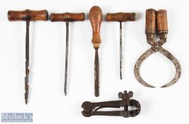 Collection of various wooden handle cavity back concave chisels, drill bit, calliper gauge and