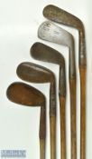 5x assorted irons - early McEwan smf long head mid iron, Maxwell niblick, another large niblick, F H