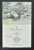 Nick Faldo Signed 1991 Masters Club Dinner Menu dated Tuesday April 9, signed internally, laid to