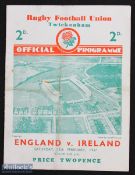 1937 England v Ireland Rugby Programme: Twickenham 4pp card style, a somewhat grubby fold, for
