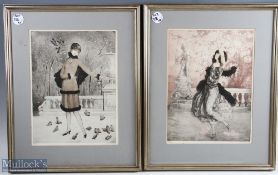 c1930 Deco Two Paul Emile Felix Signed Limited Etchings Female Prints one is known as 