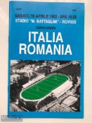 Very Rare Italy v Romania 1992 Rugby Programme: For game played in Rovigo. Very Good